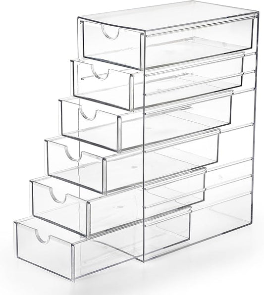Hipiwe Plastic Drawer Organizer Clear Desktop Drawers Box with 6 Pull Out Drawer Compact Storage Box for Cabinet Vanity Bathroom Bedroom Pantry Shelf Office Closet Organization