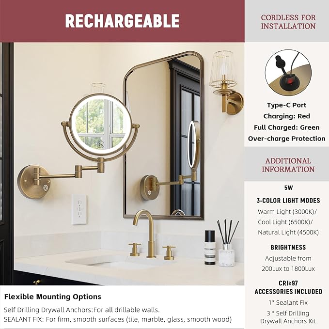 Brass Lighted Makeup Mirror Wall Mounted for Bathroom, Upgraded Brightness 3-Colors LED, Rechargeable Touch Dimmable 1X/5X Magnifying Vanity Mirror Swing Arm, Brushed Antique Brass