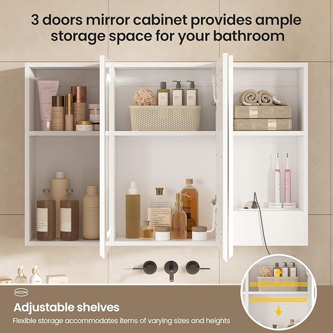 Hasuit Medicine Cabinet Organizer with Mirror, Lighted Bathroom Medicine Cabinet with Storage, 3 Doors Bathroom Wall Cabinet with LED Lights, Adjustable Shelves & Outlets, 35.4'' x 23.6'', White