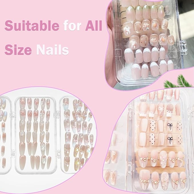 Compact Press on Nail Storage Box,Portable Tri-Fold Press on Nails Organizer Case with 60 Pcs Adhesive Double Sided Tape,Acrylic Nail Storage Box for All Size Fake Nails Home Travel Use