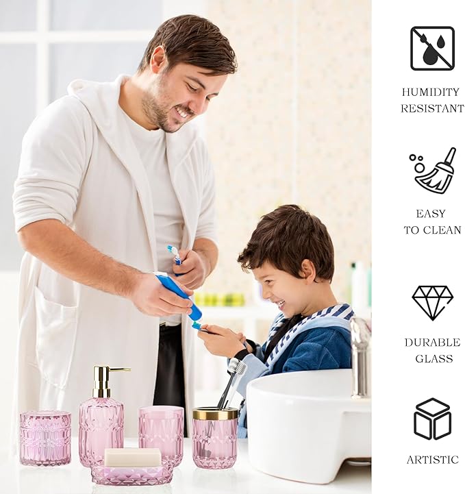 Pink Bathroom Accessories Set, 5Pack Clear Glass Bathroom Accessories, Includes Lotion Soap Dispenser, Toothbrush Holder, Qtip Holder and Soap Dish, Vintage Bathroom Decor