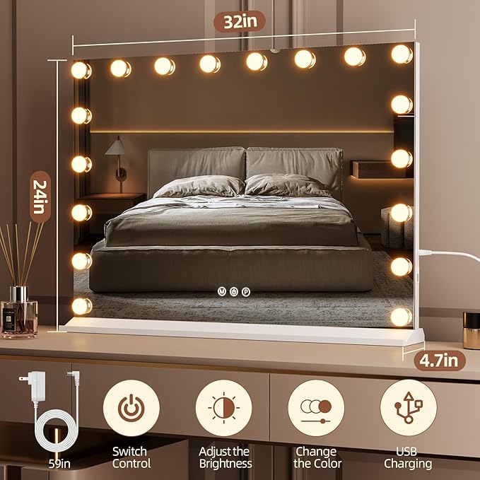 Memobarco Vanity Mirror with Lights, Makeup Mirror with USB/Type-C Charging, Large Hollywood Mirrors w/ 18 LED Bulbs & 5X Magnifier, LED Mirrors for Bedroom Tabletop & Wall Mounted