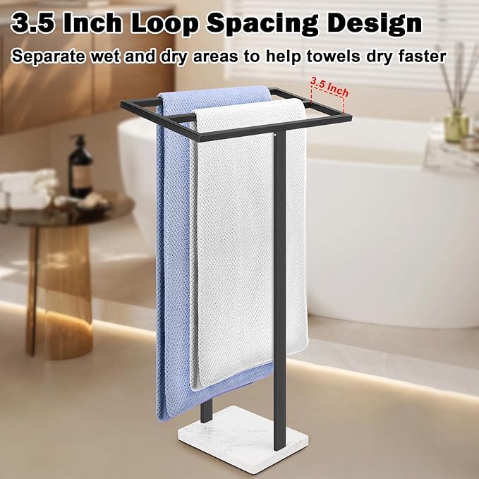 Livabber Standing Towel Rack, 304 Stainless Steel 2 Tier Towel Holder Stand with Heavy Marble Base, Stylish Floor Towels Bar for Bathroom Accessories, Laundry Room, Pool (Black)