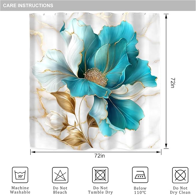 Riyidecor Teal Gold Marble Floral Shower Curtain for Bathroom Decor 72Wx72H Turquoise Abstract Ombre Flower Luxury Modern Minimalist Art Printed Fabric Polyester Waterproof 12 Pack Plastic Hooks
