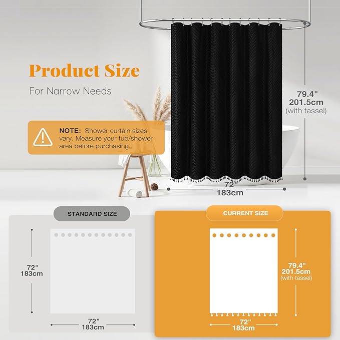 BTTN 78 Long Shower Curtain - 72x78 Boho Tufted Leaves Textured Striped Tassel Shower Curtain Set with Plastic Hook, Water Repellent, Modern Farmhouse Luxury Fabric Shower Curtains for bathroom, Black