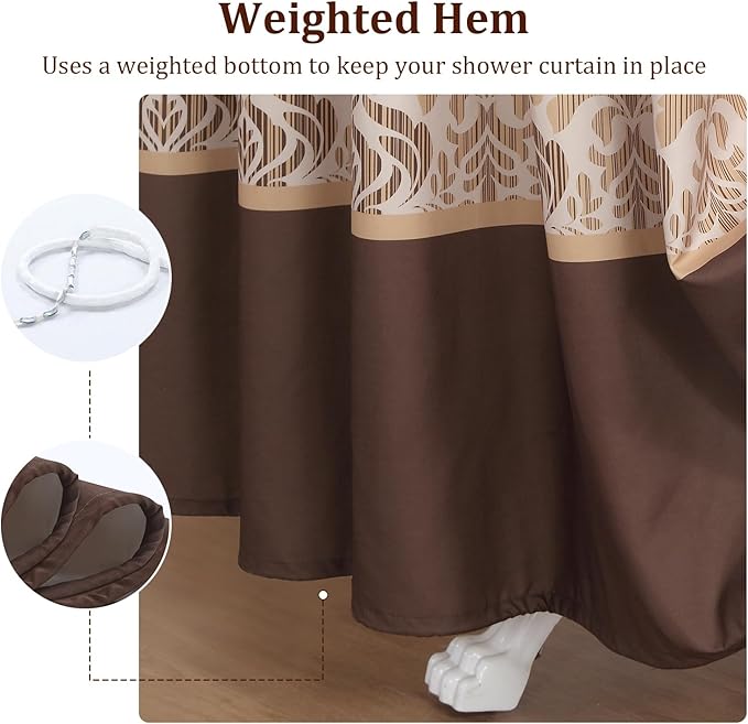 Brown Fabric Shower Curtain, Waterproof for Bathroom with Tan and Golden Printed Boho Paisley Damask Pattern, 72” W x 72” H