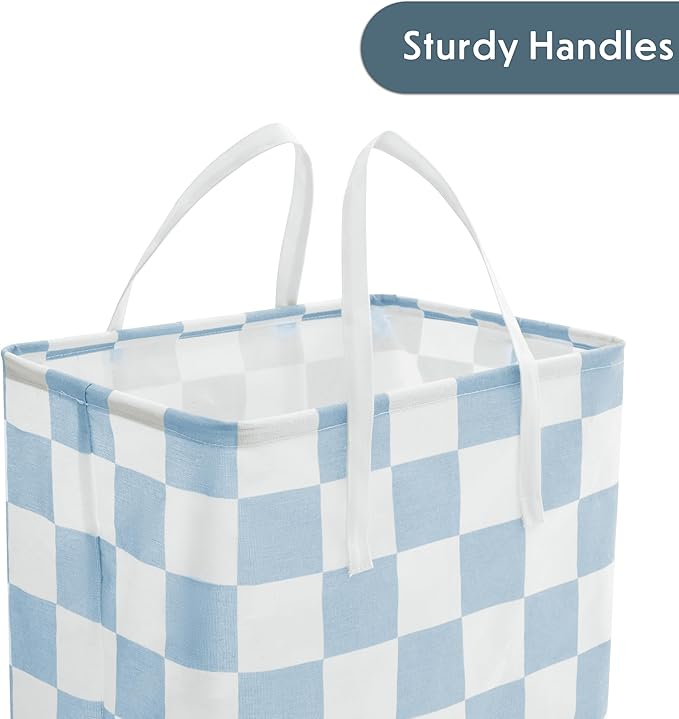 Checkered Laundry Hamper, Pack of 2, Large Pastel Blue Collapsible Cloth Hampers Basket for Storage Organization Cute Aesthetic, 2 x 75L