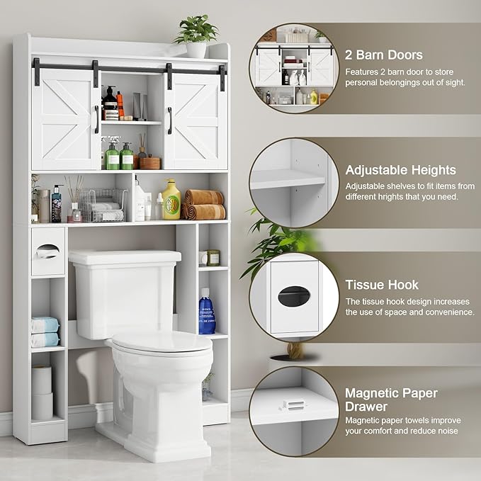 Vabches Farmhouse Storage Cabinet Over Toilet with Sliding Doors, Home Space-Saving Toilet Rack, Over The Toilet Storage Cabinet, Open Storage Shelf, for Bathroom, Laundry, Restroom.White