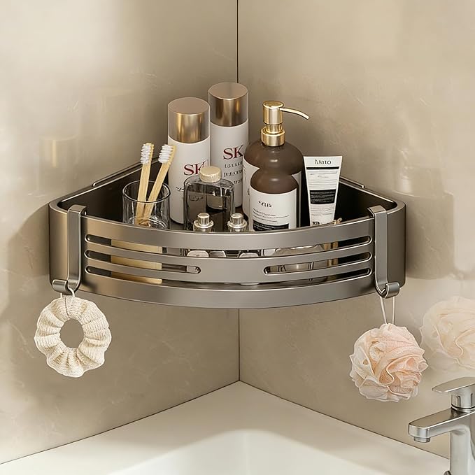 Corner Shower Caddy, No-Drilling Adhesive Shower Shelves with Hooks, Waterproof & Rustproof Removable Shower Organizer for Bathroom Kitchen