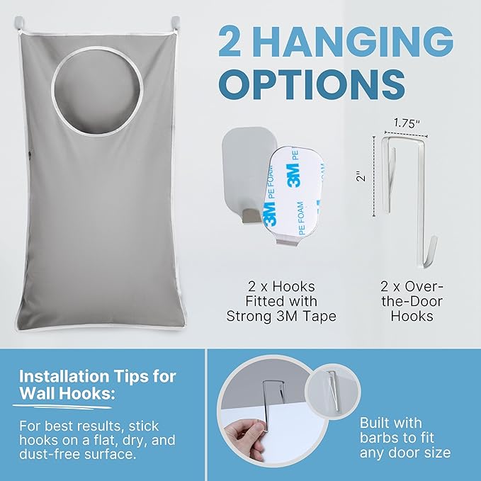 Hanging Laundry Hamper Bag XL 40x22", Space Saving over the Door Storage Bags, Behind the Door Hampers for Dirty Clothes & Wall Mounted Basket for Bathroom