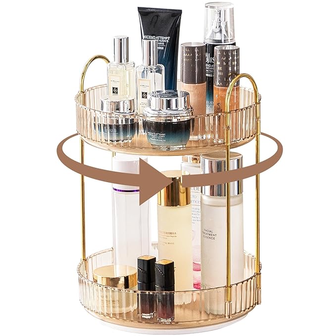 Makeup Organizer for Vanity, 360° Rotating Bathroom Organizer Countertop, High-Capacity Skincare Organizer, Spinning Cosmetics Organizer for Dresser Countertop (2 Tiers, Amber)