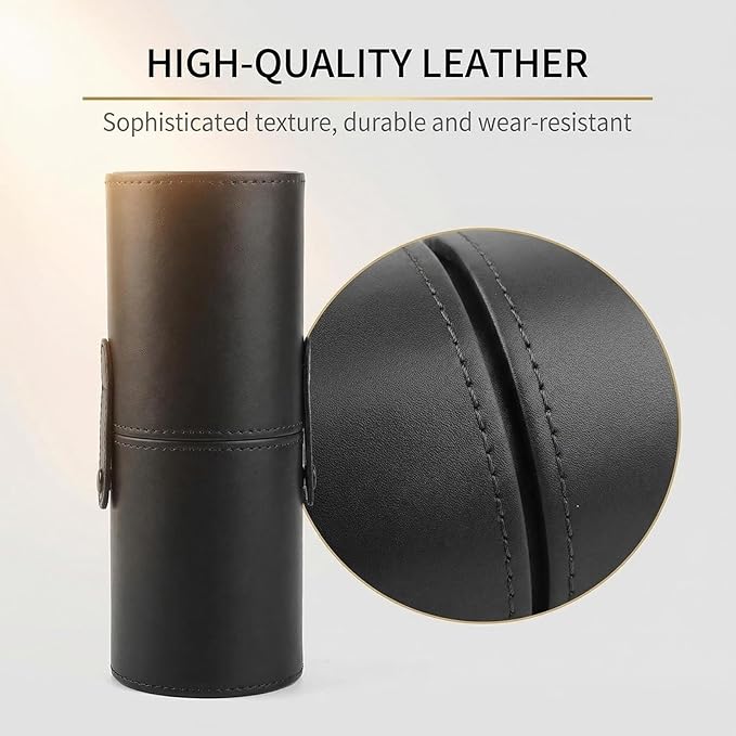 PU Leather Makeup Brush Holder Travel Makeup Brushes Case Makeup Brush Case Organizer Cosmetic Cup Cylinder Makeup Brush Storage Box with Button for Women (Black)