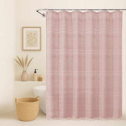 OVZME Pink Shower Curtain 78 Inch Long, Boho Thick Linen Textured Shower Curtain with Tassel, Farmhouse Minimalist Striped Weighted Machine Washable Bathroom Decor, 72Wx78L Inches