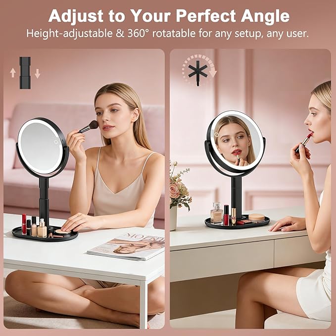 Lighted Makeup Mirror with 10X Magnification, Rechargeable LED Magnifying Vanity Mirror with 3 Lights, Adjustable Height, Storage Base and Phone Holder, Black, 8 inch