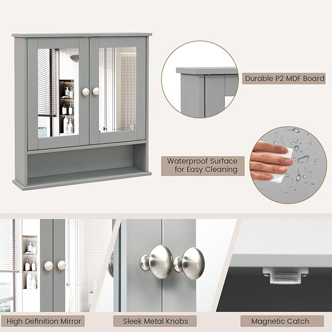 COSTWAY Bathroom Cabinet Wall Mount, Wooden Medicine Cabinet with 2 Mirror Doors, Adjustable Shelf, Open Compartment, for Laundry, Living Room, Kitchen, Gray