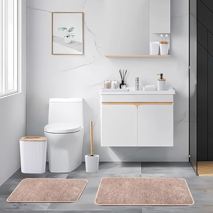 XLHOMO 24Pcs White and Gold Bathroom Set with Shower Curtain and Rug, White Bathroom Sets Complete with Trash Can,Soap Dispenser,Soap Dish,Toilet Brush,Toothbrush Holder and Cup,Tray,Q-Tip Holders