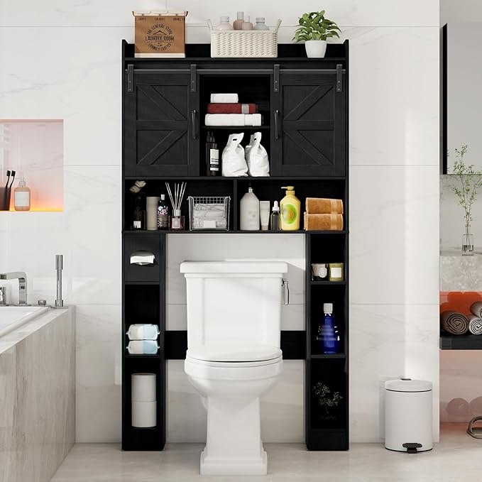 Vabches Farmhouse Storage Cabinet Over Toilet with Sliding Doors, Home Space-Saving Toilet Rack, Over The Toilet Storage Cabinet, Open Storage Shelf, for Bathroom, Laundry, Restroom.Black