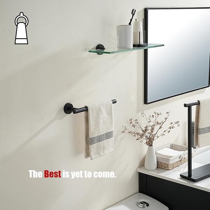 JQK Hand Towel Holder Towel Ring Black, 10 Inch Thicken 0.8mm 304 Stainless Steel Bathroom Hand Towel Bar, 9 Inch Useable Length Wall Mount Towel Rack Hanger, Matte Black, THH110L9-PB