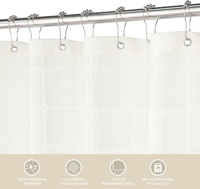 MitoVilla Cream White Boho Extra Long Shower Curtain 72 x 84, Modern Farmhouse 84 inch XL Polyester Linen Texture Tassel Fabric Shower Curtain Set with Hooks for Country Bathroom Decor, Ivory
