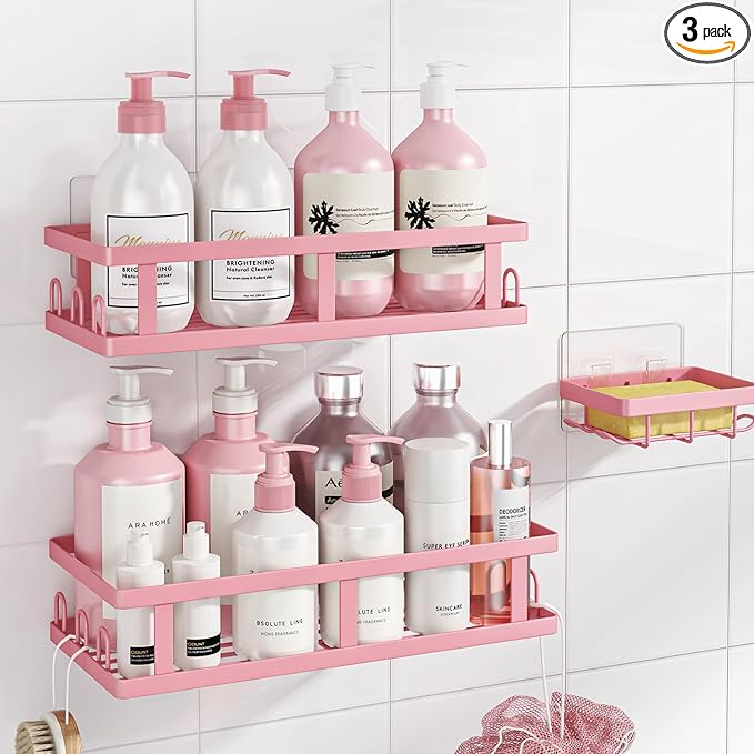 Youvip Shower Caddy Adhesive,No Drill Bathroom Organizer,Large Capacity Rustproof Shelves for Inside Shower,Bathroom Organizers and Storage,Pink