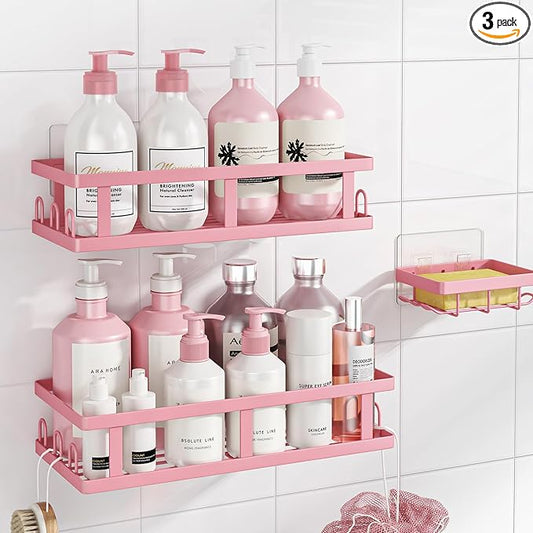Youvip Shower Caddy Adhesive,No Drill Bathroom Organizer,Large Capacity Rustproof Shelves for Inside Shower,Bathroom Organizers and Storage,Pink