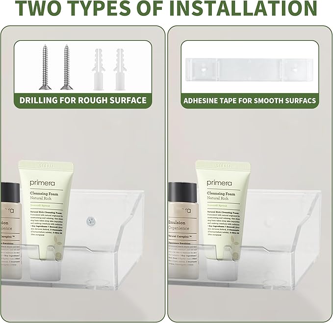 2PCS Acrylic Shelves for Wall Clear Floating Shelf Adhesive or Screws of Installation Bathroom Shelf Organizer Wall Storage Display for Bedroom Living Room Kitchen