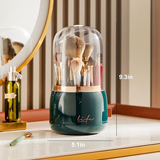 Makeup Brush Holder Organizer with Lid, Rotating Dustproof Make Up Brushes Organizer with Clear Acrylic Cover for Vanity Desktop Bathroom Countertop (Dark green)