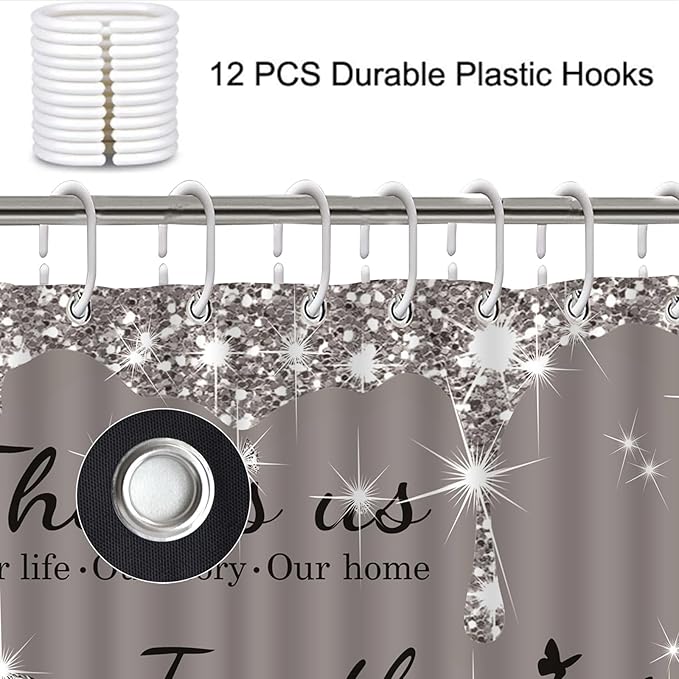 juwute 4Pcs Family Shower Curtain Sets with Non-Slip Rugs, Toilet Lid Cover and Bath Mat,Grey Glitter Diamond Home Bathroom Decor Set Accessories Waterproof Shower Curtains with 12 Hooks, 72 x 72 Inch