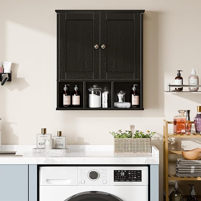 Meilocar Bathroom Wall Cabinet, Bathroom Cabinet Wall Mount with 2 Doors and 3 Open Shelves, Over The Toilet Wood Medicine Cabinets for Laundry Room, Black