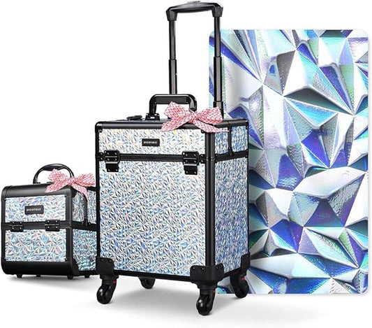 BYOOTIQUE 2-Piece Makeup Train Case Cosmetic Organizer Kit Mermaid Silver Salon