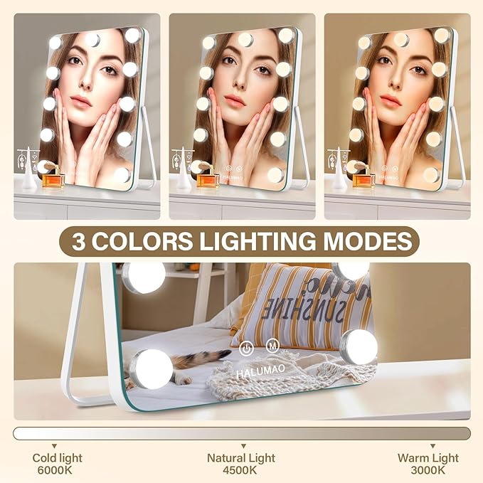 halumao Vanity Mirror with Lights, Rechargeable Makeup Mirror, 14.6" Lighted Makeup Mirror for Dressing Room & Bedroom，Memory Function