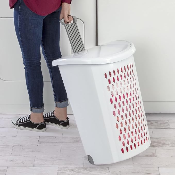 Ultra Wheeled Design Clothes Laundry Basket, Mind Reader Basket Collection，135 Liter （20 1/8" x 15 3/8" x 26 3/4"）Capacity, Laundry Hamper White Lid & Base w/Plastic Handle & Wheels,1-Pack
