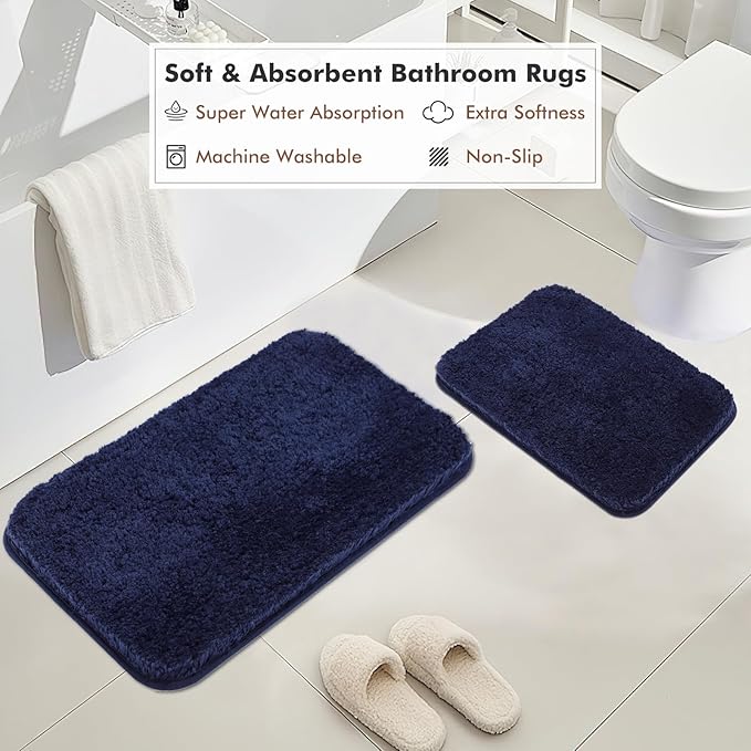 BSSN 20-Piece Blue Glass Bathroom Accessories Set with Shower Curtain and Rugs, Soap Dispenser, Qtip Jar, Toothbrush Holder, All-in-One Complete Bath Decor for Home and Apartment