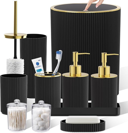 Black Gold Bathroom Accessories Set, 10PC Bathroom Set, Bath Accessory with Pop Up Trash Can, Soap Dispenser, Toilet Brush, Toothbrush Set Qtip Holders & Tray