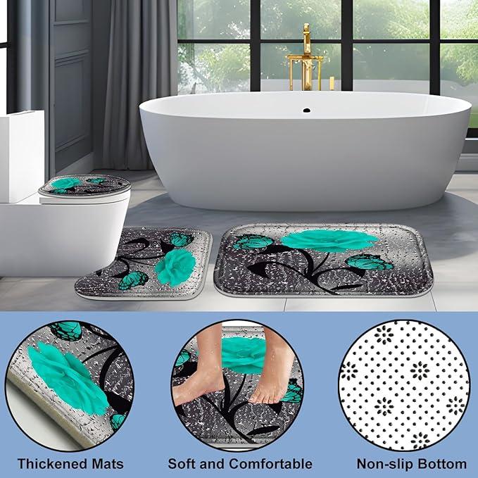 Poedist 4 Pcs Bathroom Set,Green Rose Shower Curtain Sets, Romantic Shower Curtain Sets with Rugs(Bath Mat,U Shape and Toilet Lid Cover Mat) and 12 Hooks