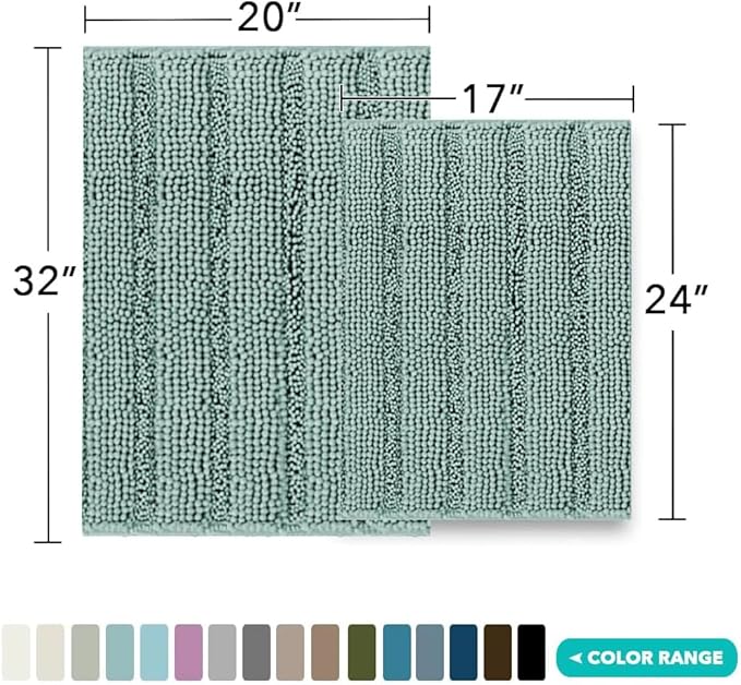 Turquoize Chenille Bathroom Rugs Set Non-Slip Bath Mats for Bathroom Extra Soft Shaggy Bath Mats for Bath Room Floor Indoor Mat for Kitchen/Entryway (20" x 32" and 17" x 24"), Duckeggshell Blue