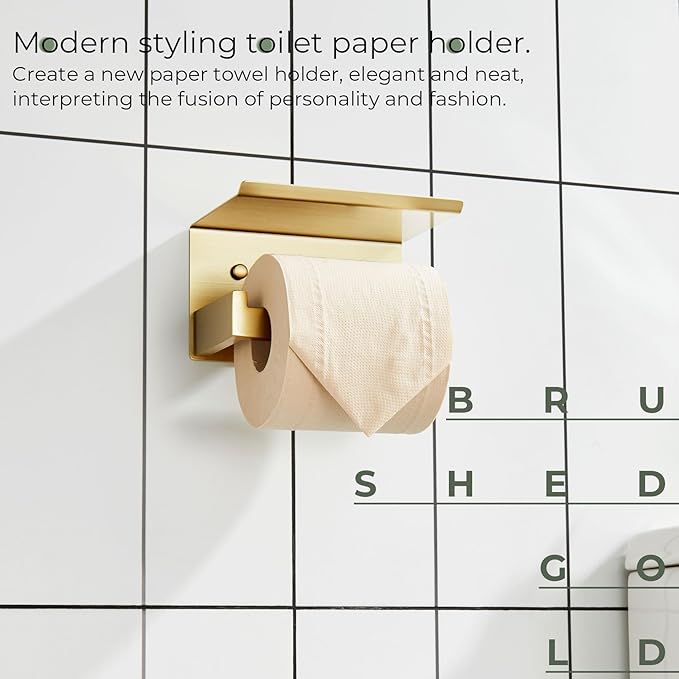 KOKOSIRI Toilet Paper Holder with Shelf Toilet Roll Holder for Bathroom Restroom T-304 Stainless Steel Wall Mounted, Gold Finish, B2010BG