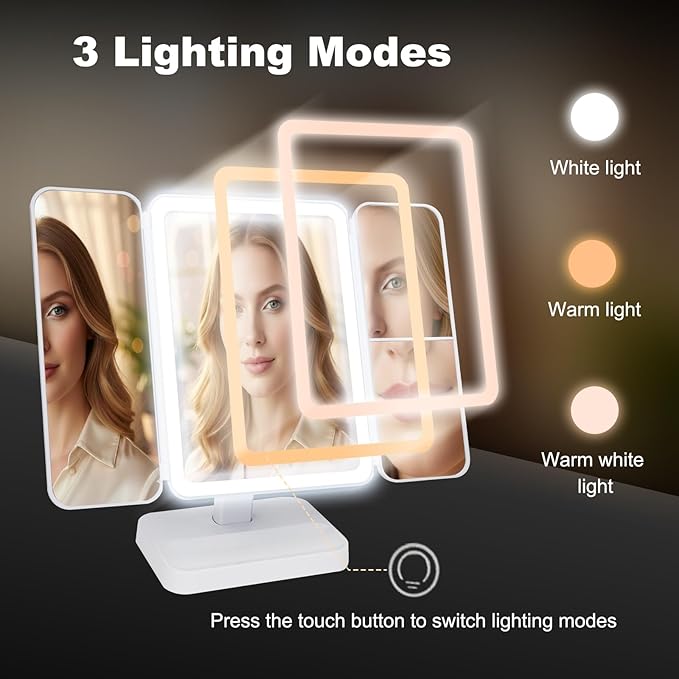 2026 Newly Upgraded Three-Sided Folding Makeup Mirror, Desktop LED Two-in-one Seashell-Shaped Three-Sided Mirror, Large Size with Adjustable Light