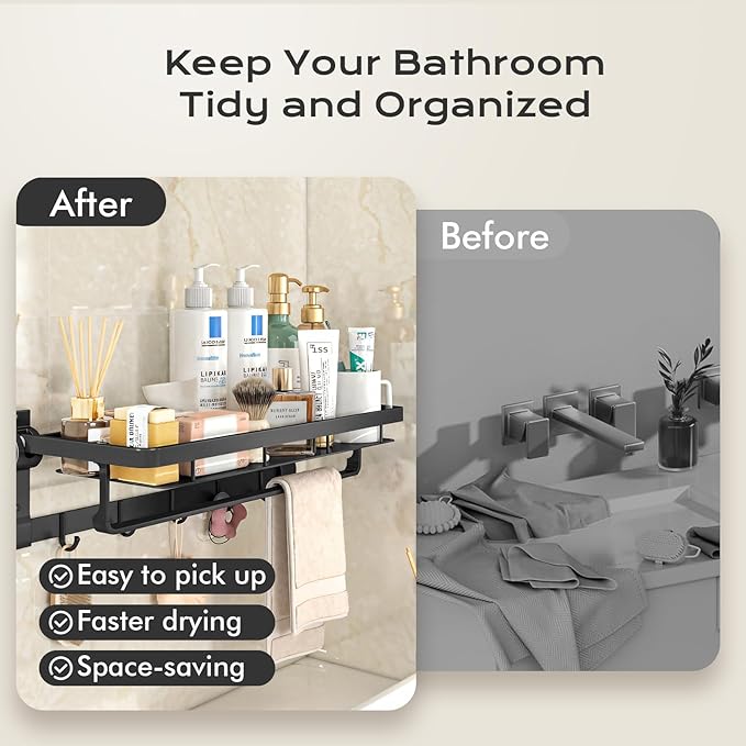 Rust-Proof Floating Shelves Organizer With Foldable Towel Bar 5 Towel Hooks Wall Mounted Organizer 23-Inch Towel Racks For Bathroom Lavatory Kitchen Rv Home Decor, Matte Black