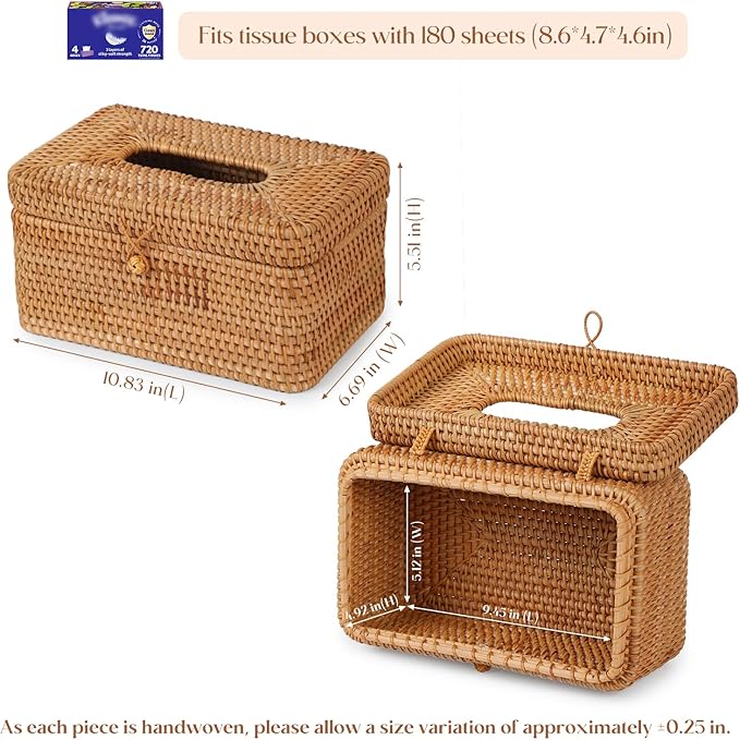 Rattan Rectangular Tissue Box Cover, 10.8" x 6.7" x 5.5", Decorative Woven Facial Tissue Holder with Hinged Top Lid, Natural Color