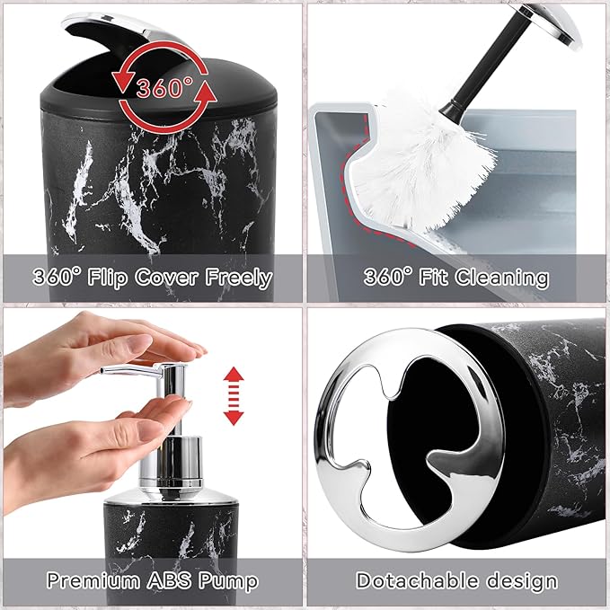 XLHOMO Black Marble Bathroom Accessories Set, Black Bathroom Set with Trash Can, Vanity Tray, Soap Dispenser, Soap Dish, Toothbrush Holder, Toothbrush Cup, Toilet Brush and Qtip Holders for Bathroom