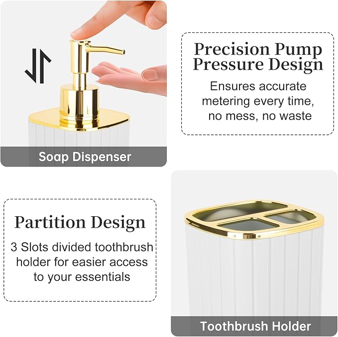 2PCS Bathroom Accessories Set, White and Gold Bathroom Accessories Include Soap Dispenser and Toothbrush Holder for Boho Bathroom Decor