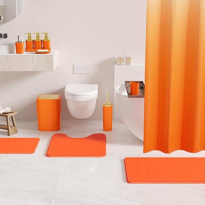 Bathroom Set - 27PC Bathroom Sets with Shower Curtain and Rugs, Orange Bathroom Set, Orange Bathroom Accessories Set with Push-lid Trash Can, Toilet Brush & Soap Dispensers