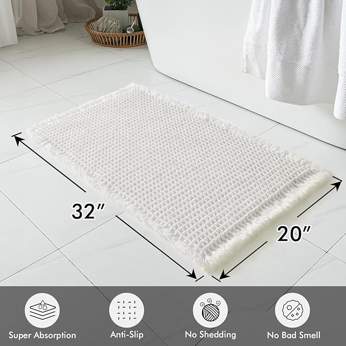 MIULEE Set of 2 Waffle Bathroom Rugs, Boho Bath Rugs Non Slip Washable, Super Absorbent Bath Mats, Ultra Soft Rubber Backed Shower Mats for Bathroom Floor, Tub and Shower, White, 20x32 Inch