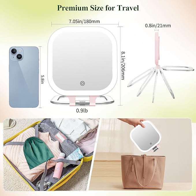 FUNTOUCH 30X Travel Magnifying Mirror with Light, 7" Rechargeable Double Sided Travel Vanity Mirror with Lights, 3 Color Lights & Adjustable Brightness, 300°Rotation, Gift for Women,Pink
