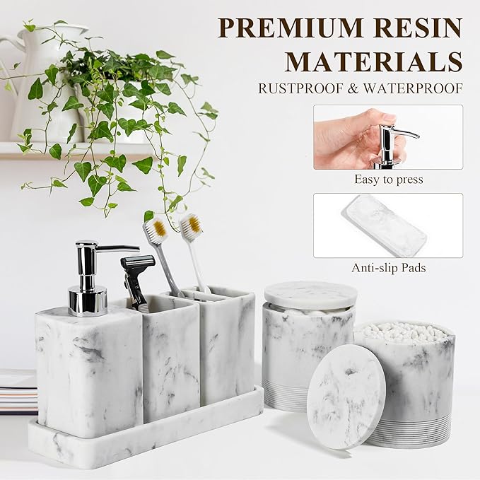 YMXYJM Bathroom Accessories Set, 6 Piece Bathroom Set with Toothbrush Holders, Soap Dispenser, Vanity Tray, Tumbler, Cotton Swab Jars, Bathroom Organizer，Bathroom Sink Sets, Artificial Marble White