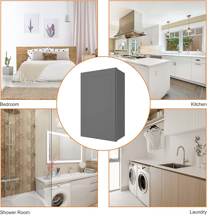ROOMTEC Wood Wall Cabinet,RTA Single Door Medicine Cabinet with Adjustable Shelves and Soft-Close Door for Kitchen, Bathroom, and Laundry. 12" D*18" W*30" H, Shaker Grey