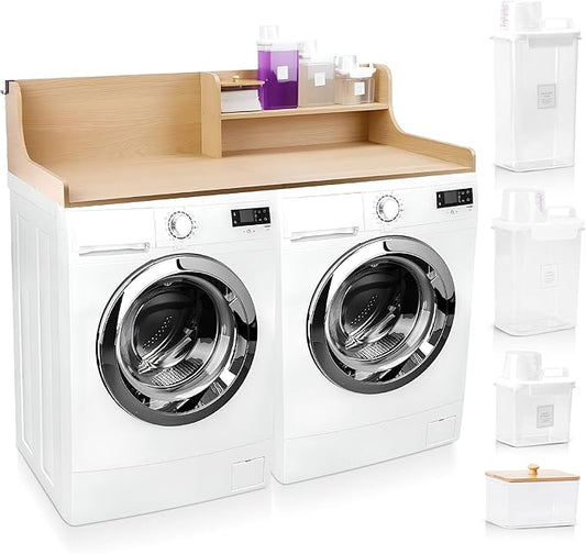 SOBHI | Solid Wood Washer & Dryer Countertop with Laundry Add-Ons | 54″ x 27″ Laundry Room Organization & Storage Topper | 3 Detergent Dispensers & Dryer Sheet Box | Oak Finish