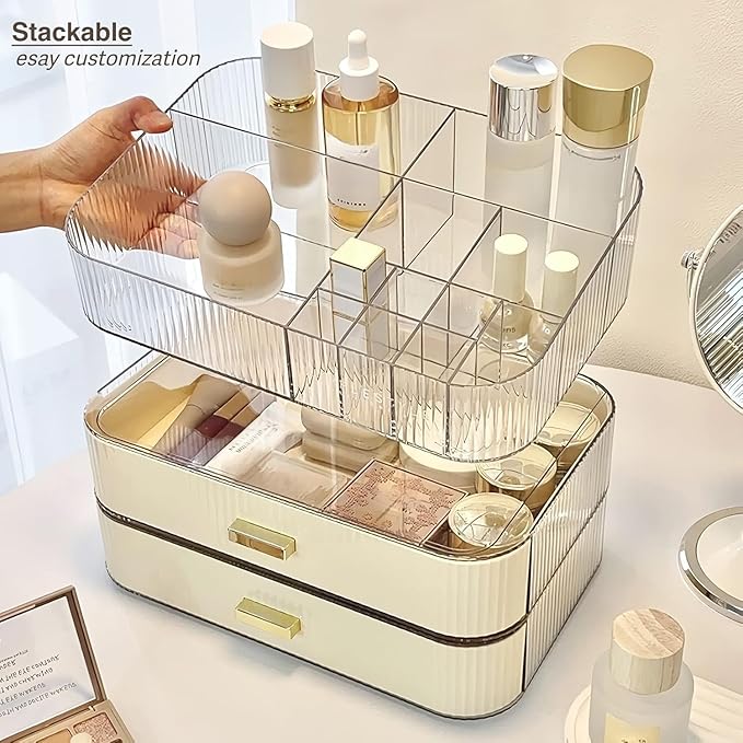 Makeup Organizer with Drawer, Stackable Cosmetic Organizer for Vanity and Bathroom Countertop, Clear Storage for Perfume, Skincare, Lipstick and Brushes, Cream White
