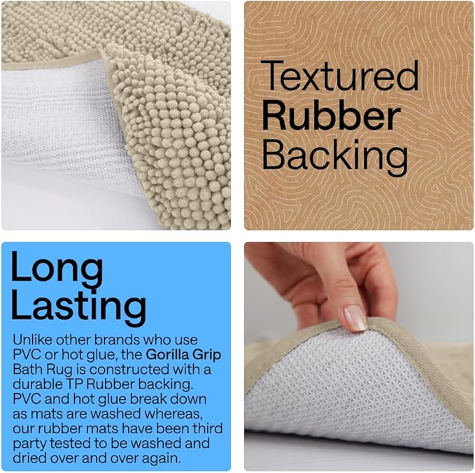 GORILLA GRIP Bath Rug Mat, Thick Soft Absorbent Chenille, Quick Dry Microfiber Mats, Rubber Backing Washable Shower Floor Rugs, US Designed Bathroom Bathmat Home Decor Accessories, 24x17, Sand